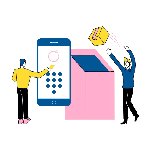 Two figures interacting with a large smartphone and a pink box